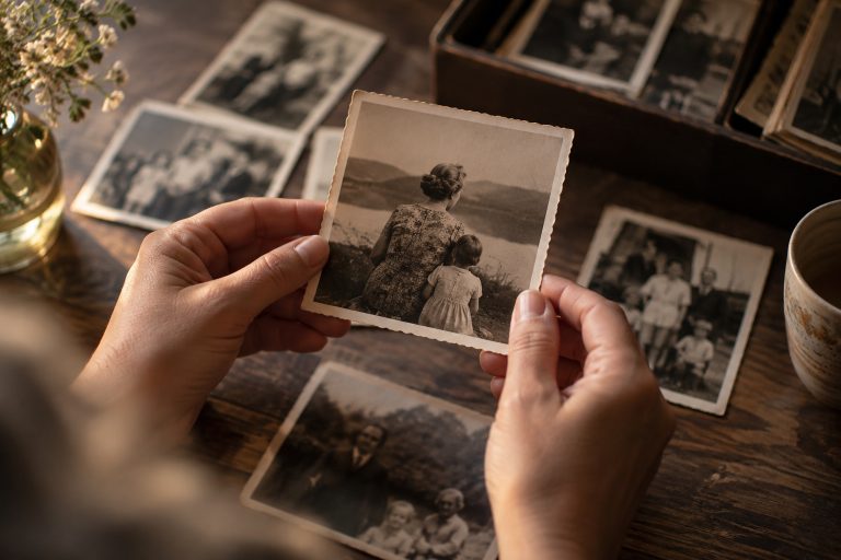 Handen houden een oude familiefoto vast van een oma met haar kleindochter